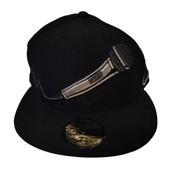 Microphone City Wrap Black New Era 59Fifty Flat Bill Fitted Hat 7 1/4 57.7cm - Picture 2 of 7